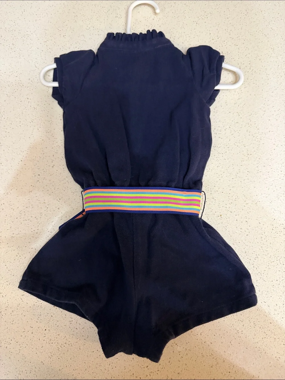 Ralph Lauren size 6M Navy Baby Polo Romper with Multicolor Stripe Bow